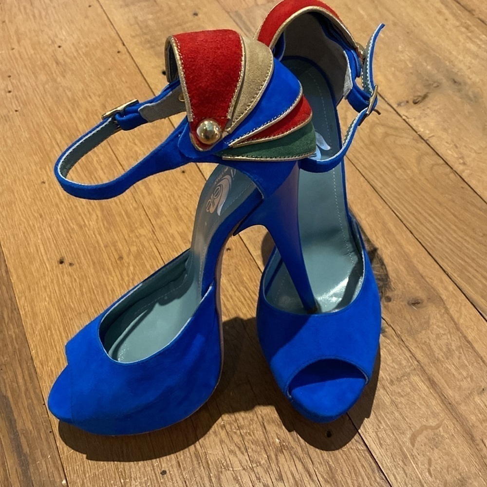 Havi Elle Rare Luxury Cobalt Blue Platform Suede PeepToe Made in Italy Heels 7.5 - Picture 3 of 13